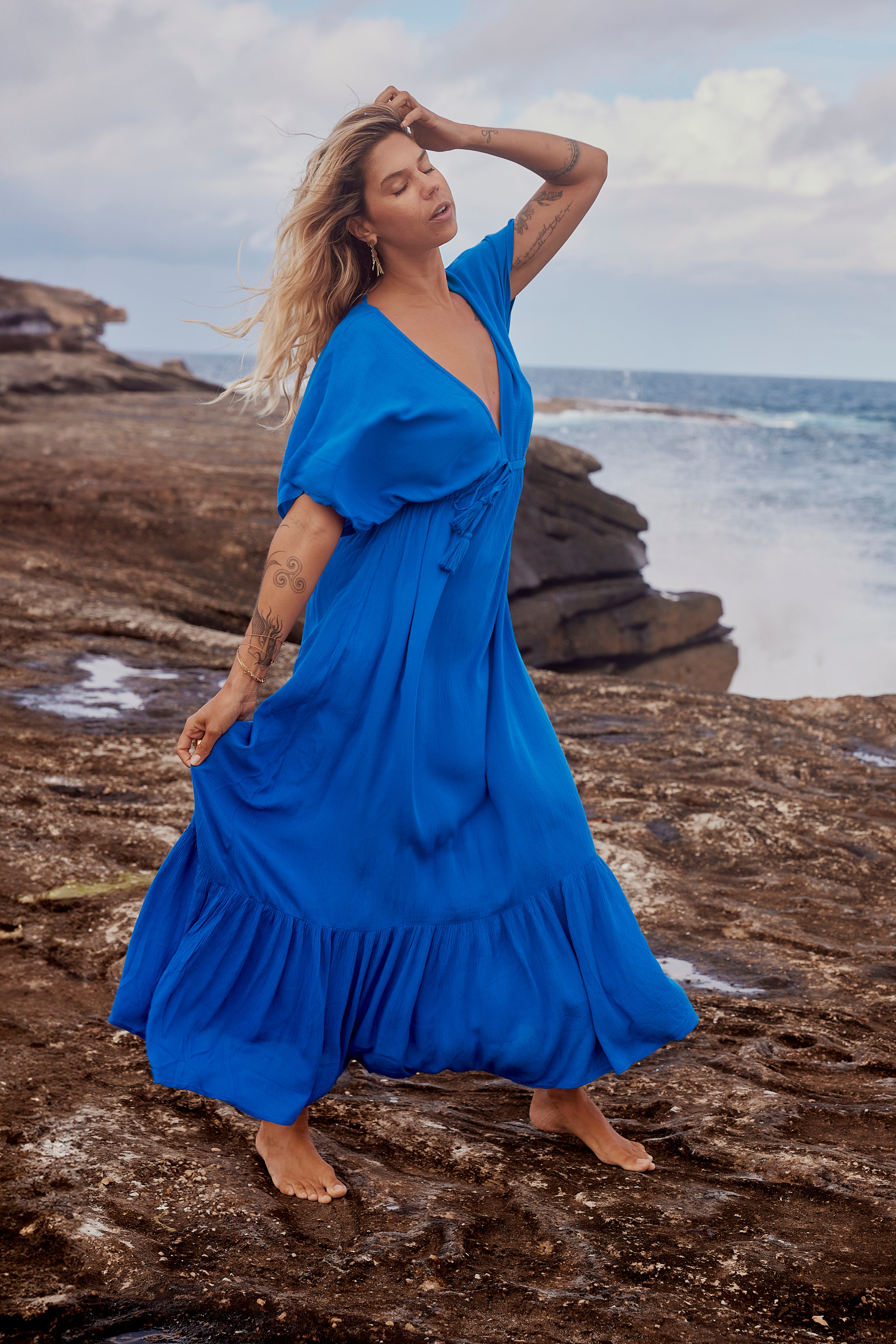 long blue bohemian dress