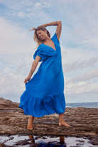 long blue bohemian dress