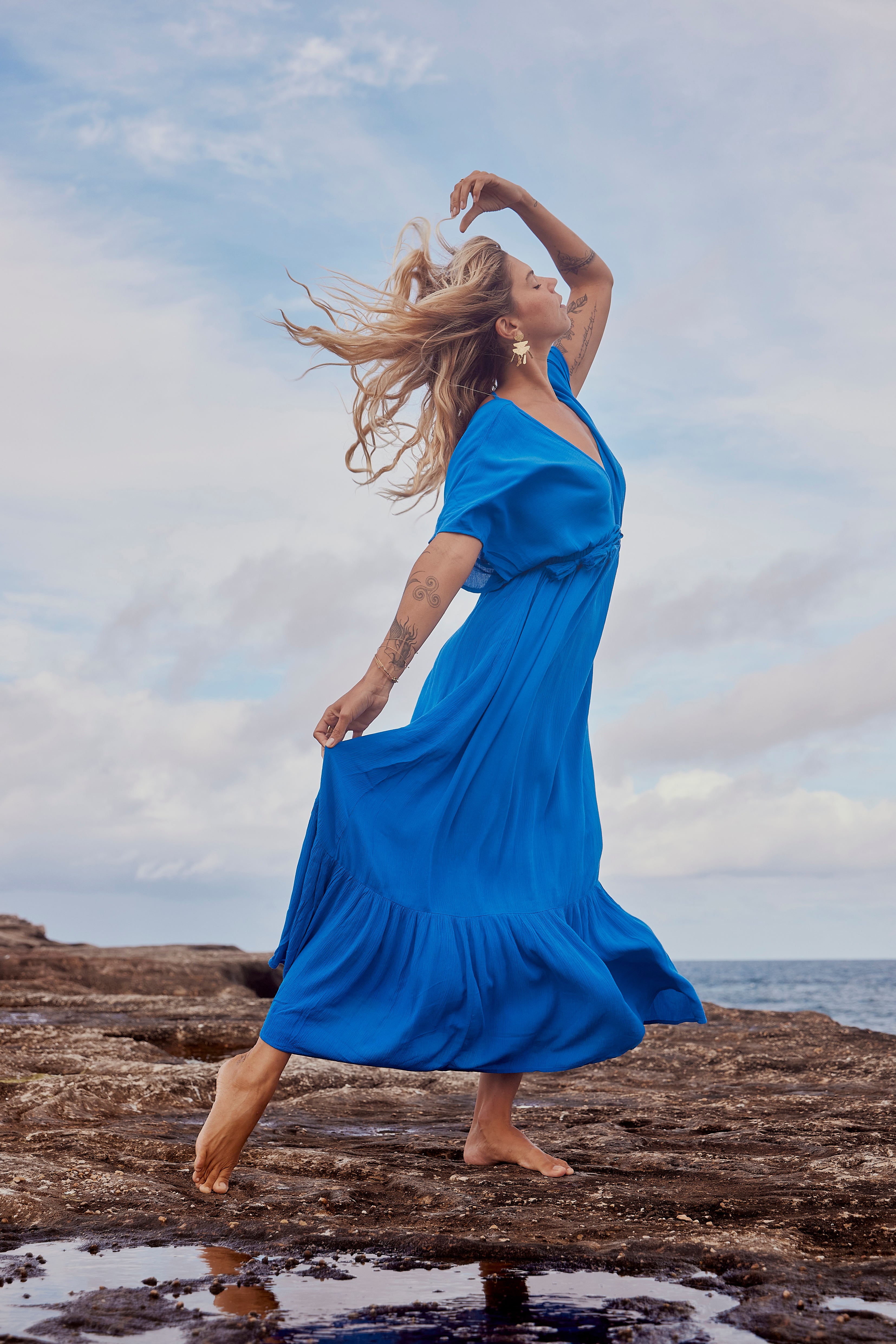 long blue bohemian dress